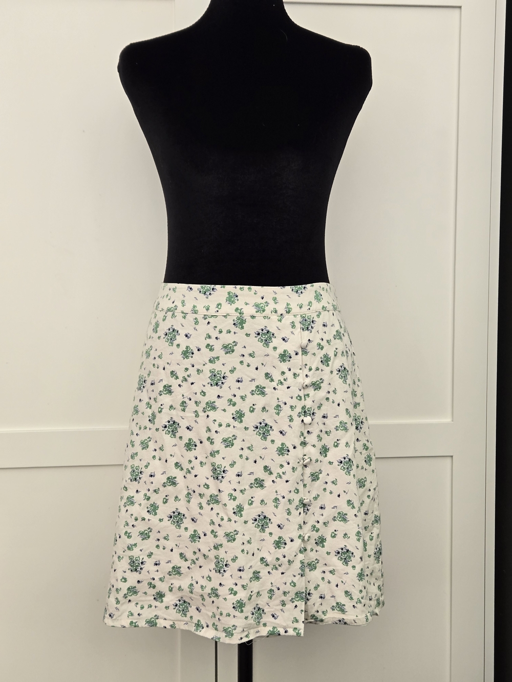 Frank & Oak Ditsy Floral White Green Blue A-Line Skirt Side Zipper Size XL